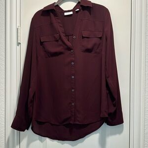 Hot color, this fall burgundy, button-down blouse, green neck, long sleeves
